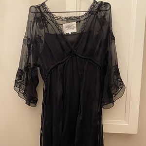 Black 100% silk sheer embroidered dress